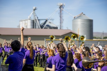 The Husky Marching Band played during a thank you celebration for the Grant County community after a Thanksgiving day bus accident.