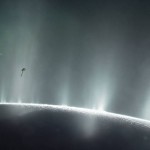 This illustration shows NASA's Cassini spacecraft diving through the plume of Saturn's moon Enceladus, in 2015. New research from the University of Washington, to be presented at the coming AbSciCon2019 conference, indicates that the moon's subsurface ocean of probably has higher than previously known concentrations of carbon dioxide and hydrogen and a more Earthlike pH level, possibly providing conditions favorable to life.