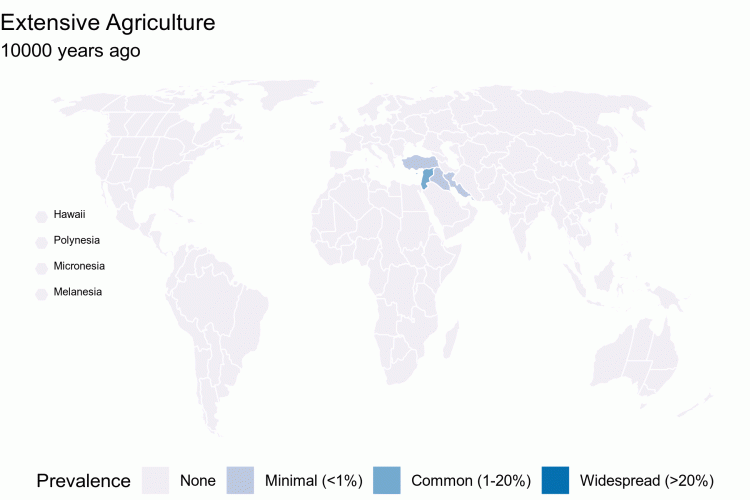 Regions of the map turn purple as the time-lapse counter advances, showing the spread of agriculture over time.