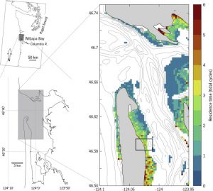 A map of Willapa Bay in Washington state, showing water residence times for the northwest portion of the bay.