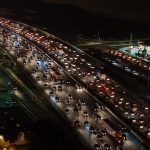 A traffic jam on a huge freeway at night