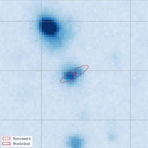 Image of the position of a galaxy that emitted a fast radio burst, and the position of a second galaxy that the fast radio burst passed through on its way to Earth.