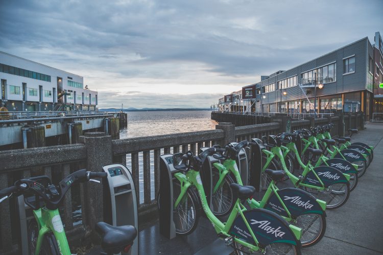 Docked Pronto bikes along Seattle's waterfront