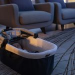A baby in a basket in a living room