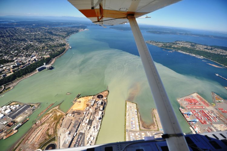A view of Commencement Bay from a plane