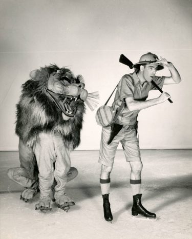 Actors Ole Ericsen and John Mulvey are shown in "Agnes the Lion," a skit in the Ice Follies of 1949. It's part of the J. Willis Sayre Collection of Theatrical Photographs, and was recent item in the UW Libraries social media accounts, curated by librarian Allee Monheim.