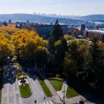 aerial view of campus with Seattle in background