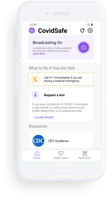 A drawing of a phone with a screenshot from the CovidSafe app showing that broadcasting is turned on, and offering tips for what to do if you are sick.