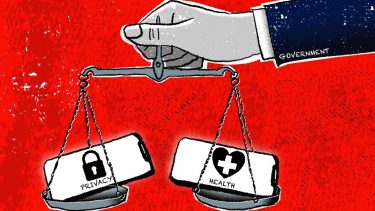 a "government" arm balances privacy and health on a scale