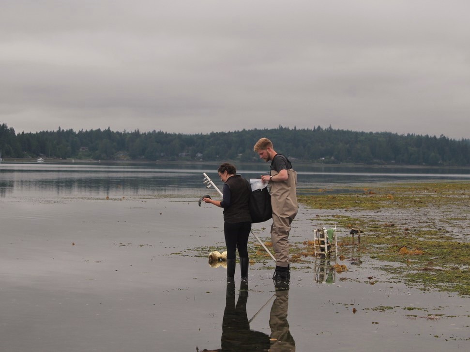 two people stand in water