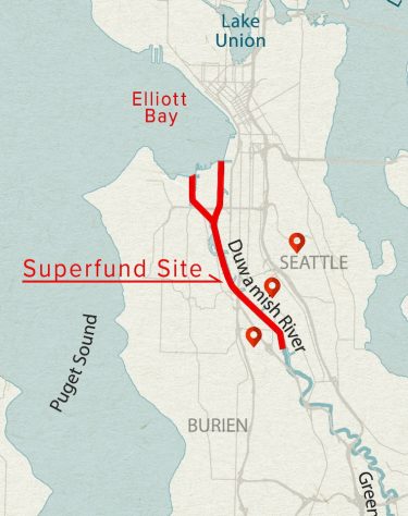 map of seattle area with duwamish river in red