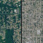 aerial view of two neighborhoods with different tree cover