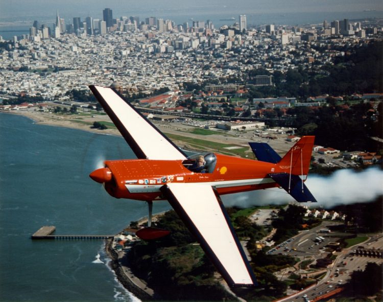 Cecilia Aragon flies her custom-built air show plane, a Sabre 320, over San Francisco bay. Aragon has published a memoir, "Flying Free: My Victory Over Fear to Become to the First Latina Pilot on the US Aerobatic Team."