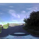 A panoramic view of a street corner. Cars and a pedestrian are labeled