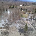 aerial view of mud and trees with building remains