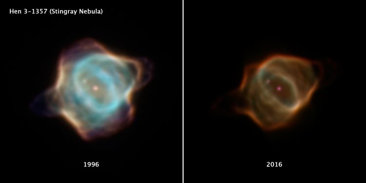 Two images of the Stingray Nebula, shown side-by-side for comparison. On the left is the nebula in 1996, on the right is the nebula in 2016.