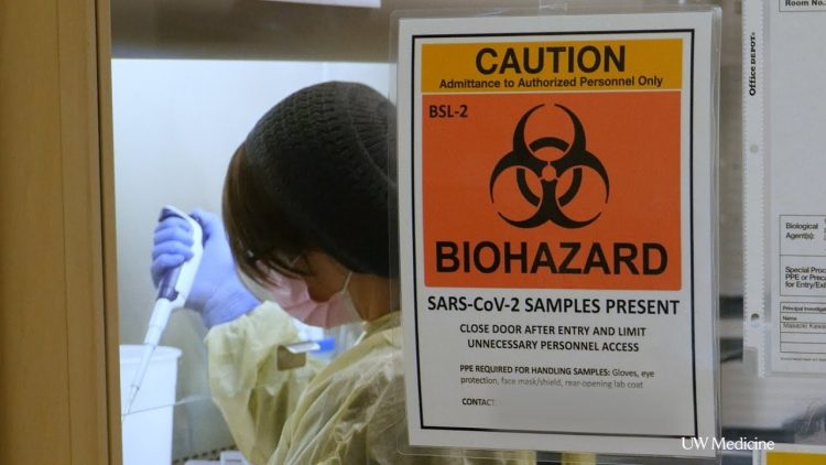 person behind glass handles covid-19 samples