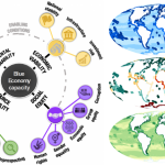 three colored world maps