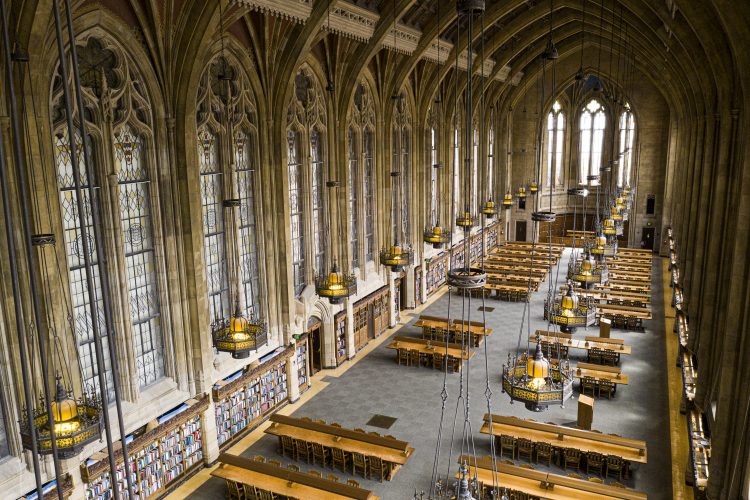 An aerial photo of a huge room in a library