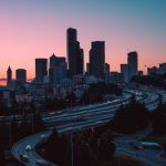 traffic on Interstate 5 through downtown Seattle at sunset