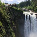 A massive waterfall surrounded by green trees and bushes. A large building is in the back left of this photo.