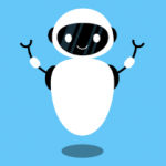 A simple drawing of a robot with a smiley face against a blue background