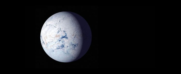 An artist's depiction of ancient Earth in a snowball state, with surface ice present at all latitudes.