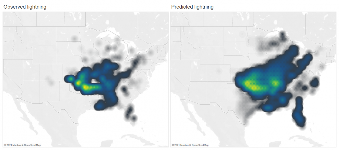 side-by-side maps with similar colors over the Southeast