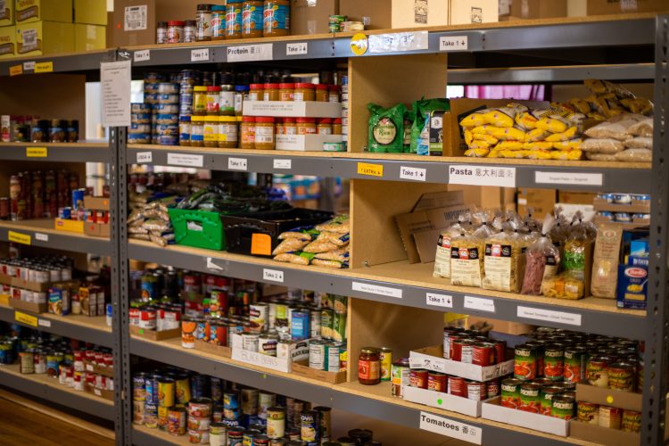 food on shelves at a food bank