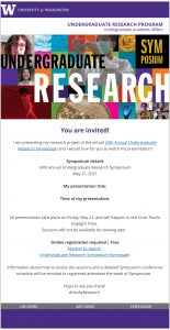 Graphic of digital postcard: Multi-colored graphic on top that says Undergraduate Research Symposium, with a few pictures from last year's symposium, a dance picture, and pitre dish.