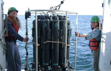 Two researchers on an ocean vessel