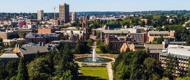 aerial view of UW campus, with Drumheller Fountain in center