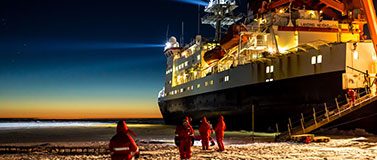 The Polarstern in Antarctica in 2013, on a previous expedition. The ship becomes frozen in sea ice, allowing an interdisciplinary research program on atmosphere, sea ice, ocean, and ecosystem as the sea ice grows and then melts.Alfred-Wegener-Institut/Stefan Hendricks