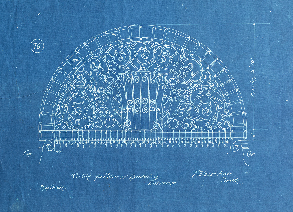 An original blueprint for part of the Pioneer Building, which was built in 1889. The building was the tallest in Washington state from 1892 to 1904.