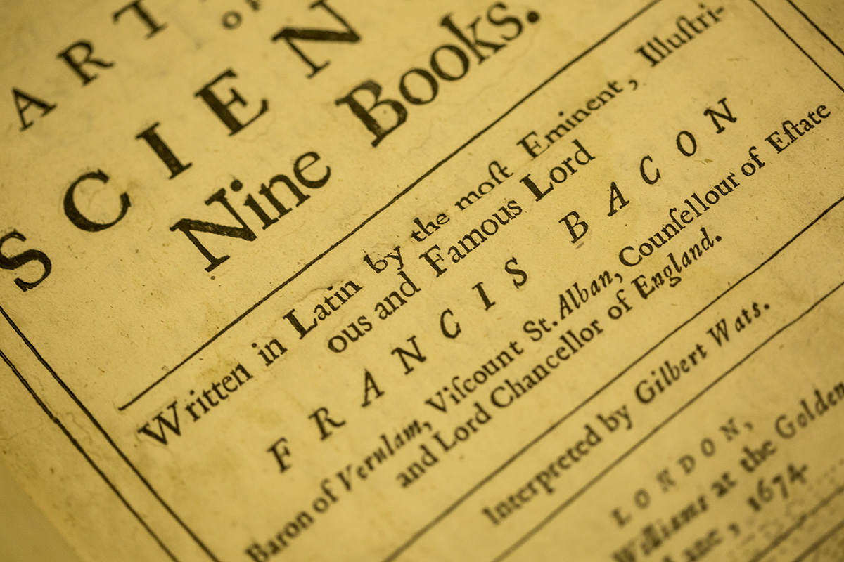 The inside cover of a 1794 printing of Sir Francis Bacon’s “ On the Proficiency of Learning,” part of Special Collection’s rare book collection.