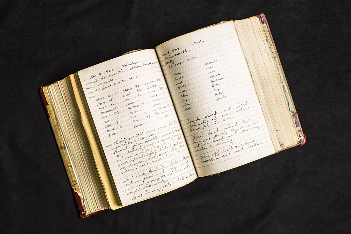 A page from legendary UW rowing coach Al Ulbrickson’s practice logbook. Ulbrickson was the coach from “The Boys in the Boat,” who led the UW varsity team to Olympic gold at the 1936 summer games in Berlin. The page on the right is his final selection for the Olympic team.