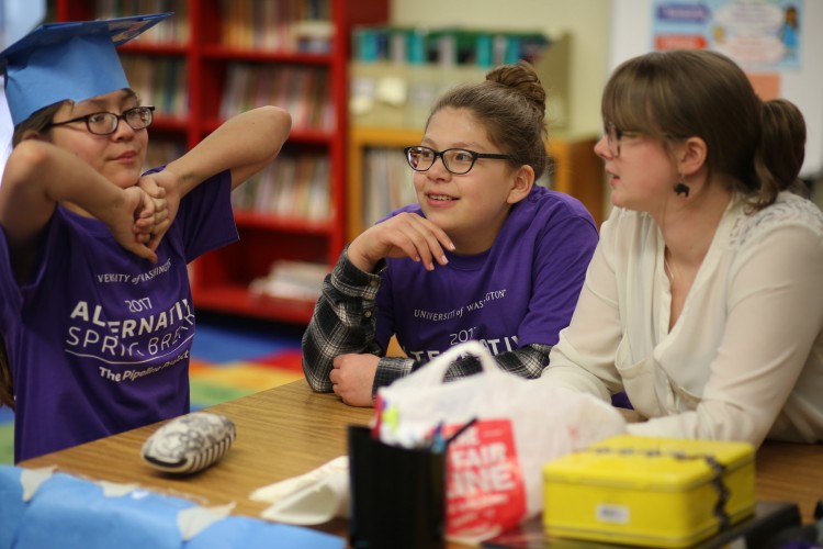Kaila Eason, a senior in the UW history department who hopes to teach middle school, led the education group. Her fifth-grade partners, Lilliana and Laila, want to be teachers, too. Their inspiration is Neah Bay’s Ms. Neuee, “because she’s so funny.