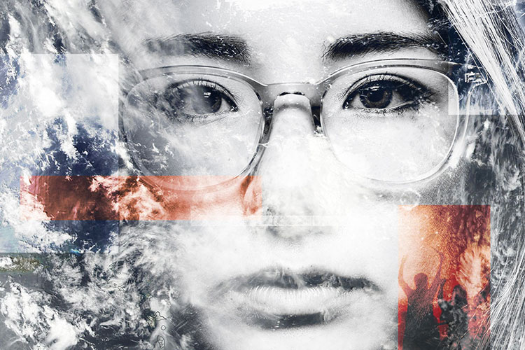 woman with eyeglasses superimposed with images of the Earth and a photo of a riot