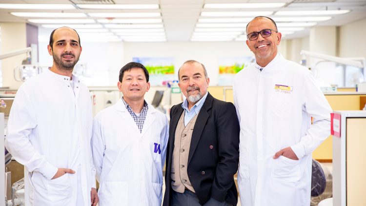 From left: Deniz Yucesoy, postdoctoral research fellow; Hanson Fong, research associate; Dr. Mehmet Sarikaya, professor of materials science and engineering, chemical engineering and oral health sciences; Sami Dogan, associate professor of restorative dentistry.