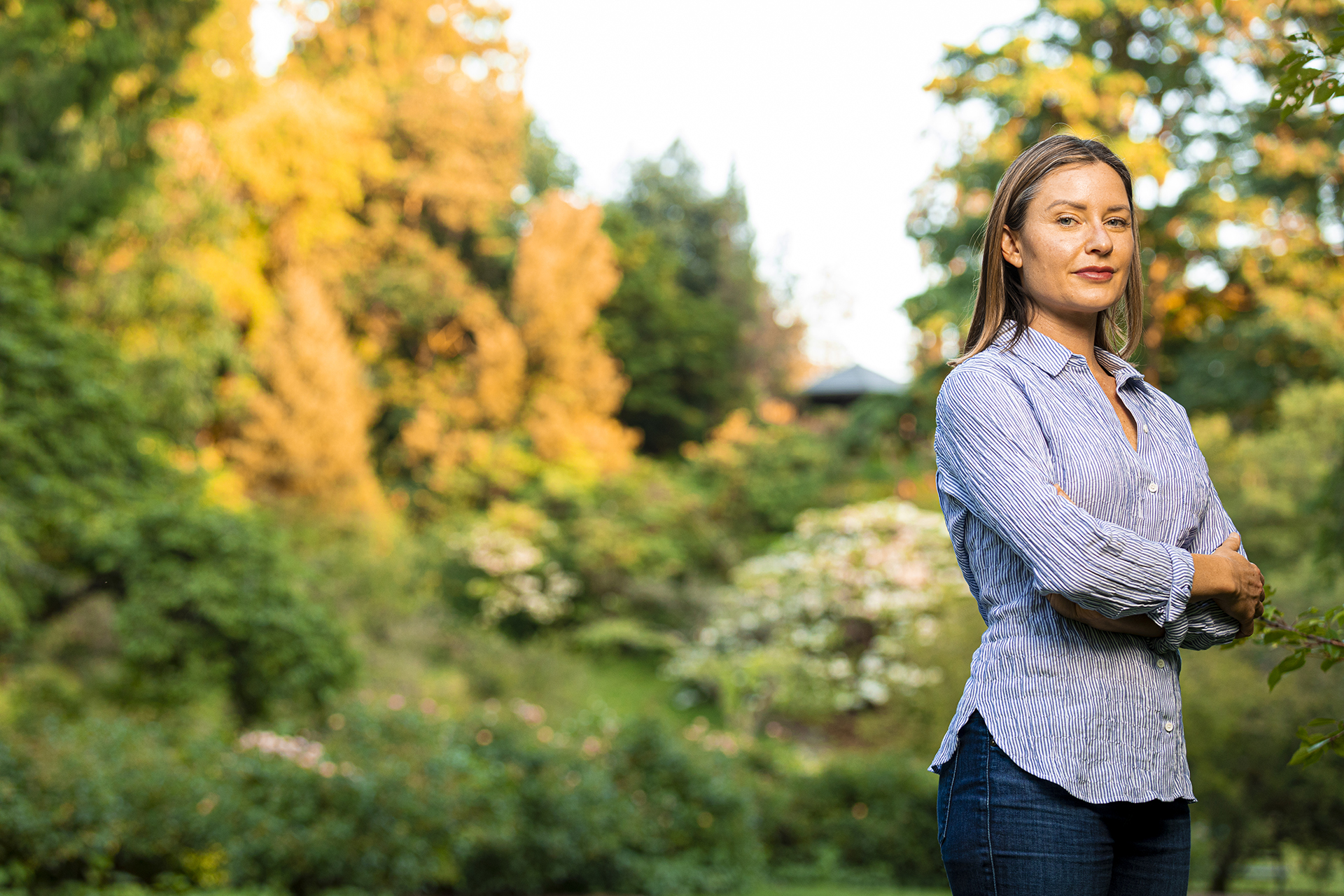 Prof Jennifer Atkinson portrait in the arboretum for upcoming book and podcast