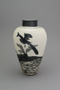 Shio Kusaka, (dinosaur 15), 2014, stoneware, 25 1/4 x 14 3/4 x 14 3/4 inches