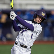 UW Men Baseball player wield baseball bat