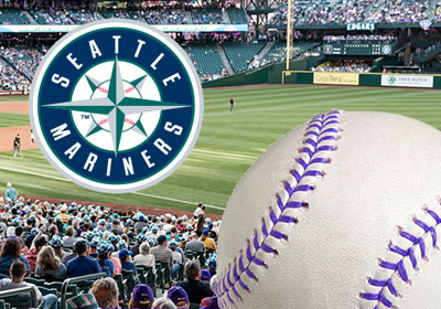 Baseball field with baseball and Seattle Mariners logo