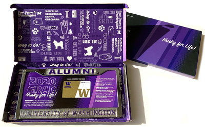 Box with UW license plate frame