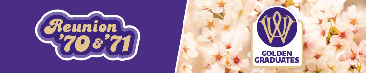 Reunion bubble logo over purple background and Golden Graduates logo over cherry blossom background