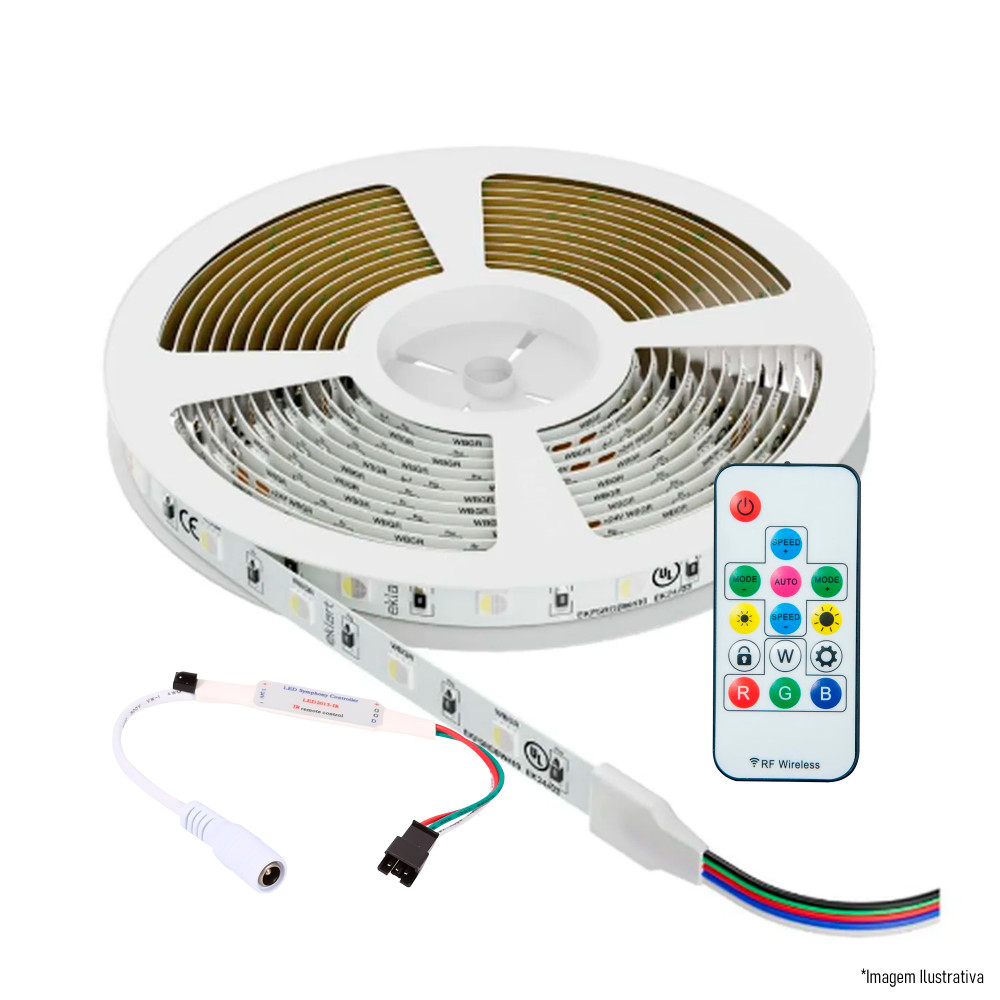 Fita 60 Leds IP20 10mm RGB<br>24v 15w R 10m (Com Controle)
