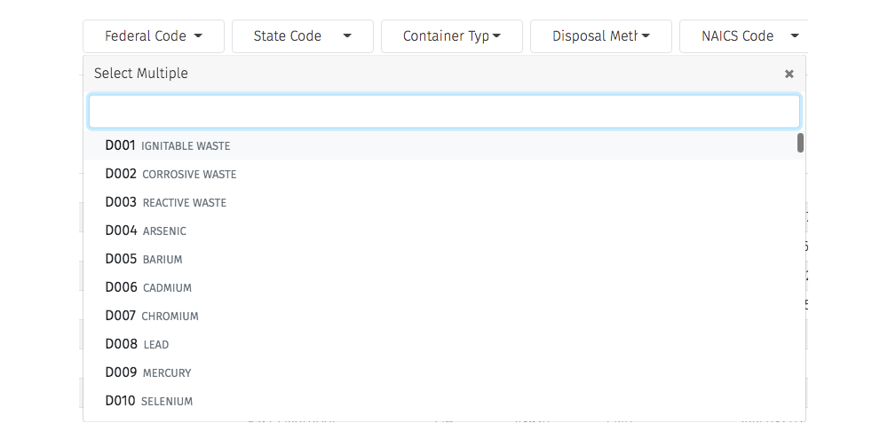 Federal waste code drop down menu