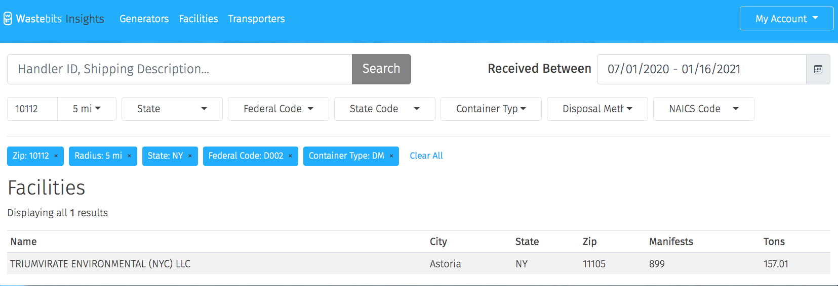 Wastebits Insights Waste Disposal Facilities Lookup