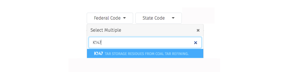 federal waste code search field