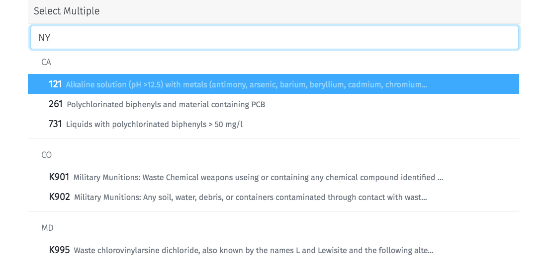 state level waste codes search function